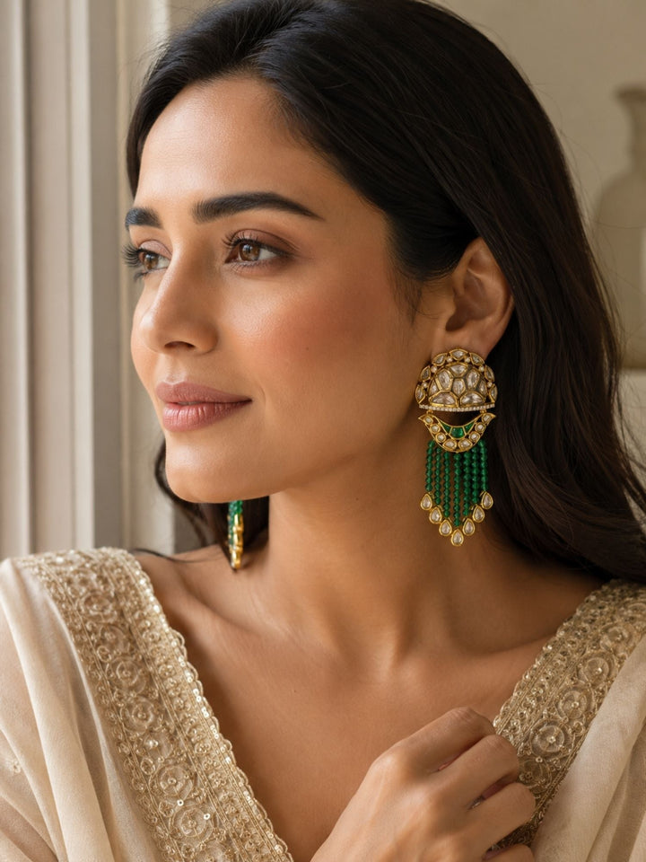 Green Kundan Tassel Earrings in Gold Finish – Festive Wear | SHOBITAM