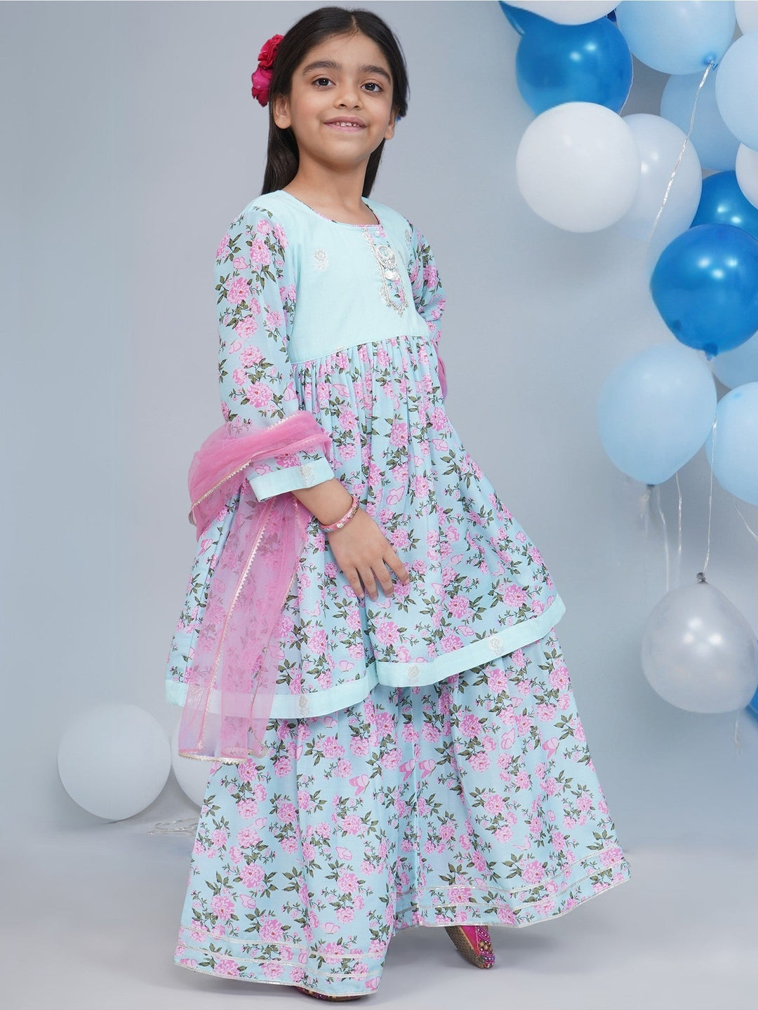 Girls Blue Muslin Floral Butterfly Kurta Sharara Set with Dupatta | SHOBITAM