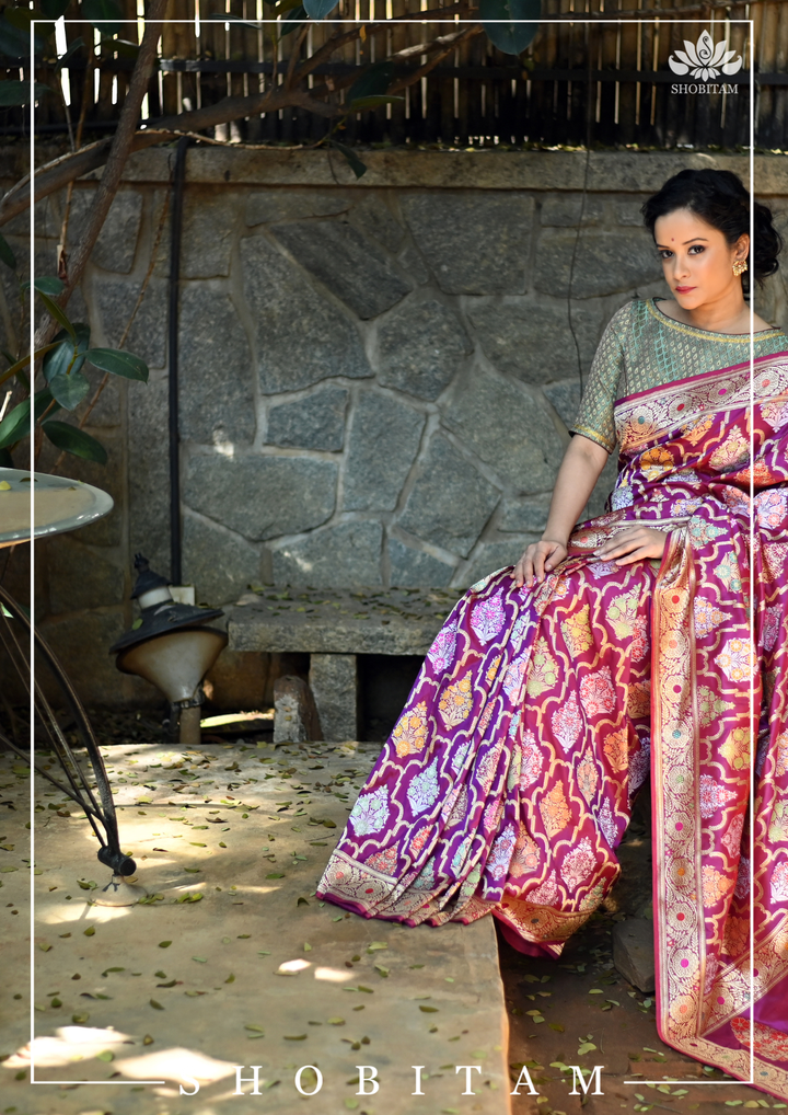 Authentic Kadhuwa Jungla Multi-color Meenakari Jaal Banarasi Silk Saree in Plum with Grand Pallu and Zari  | SILK MARK CERTIFIED