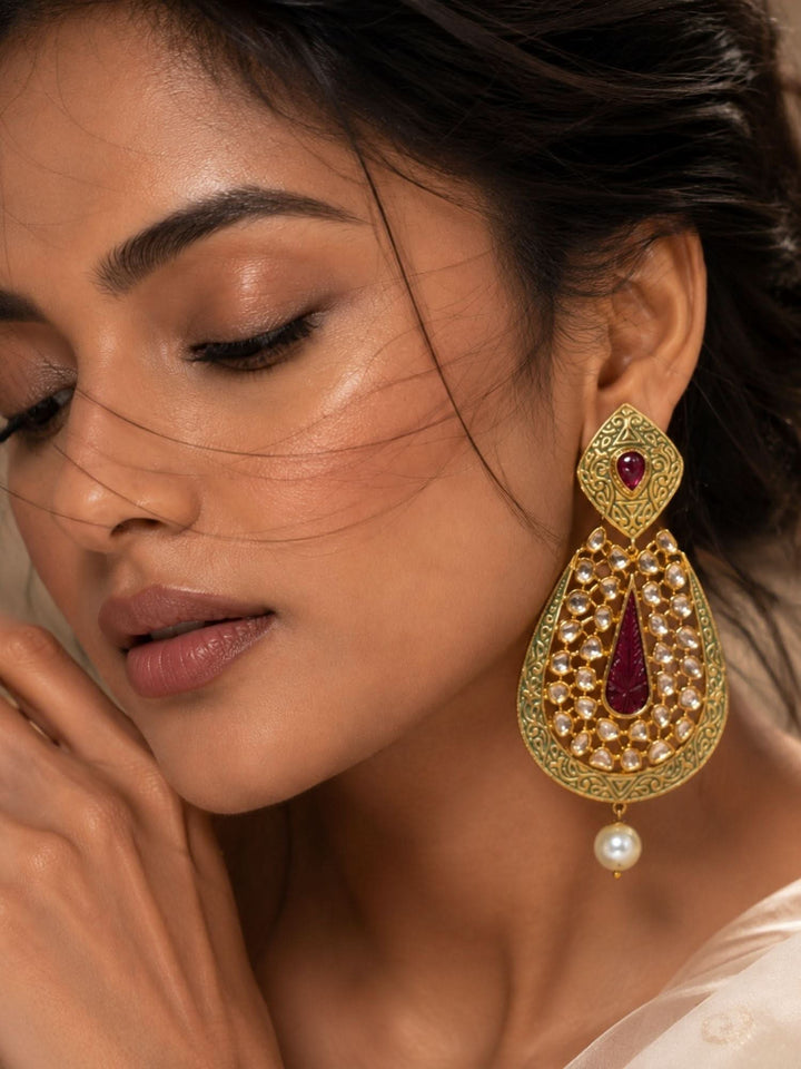 Ruby Green Kundan Statement Earrings – Pearl Drop Ethnic Earrings | SHOBITAM