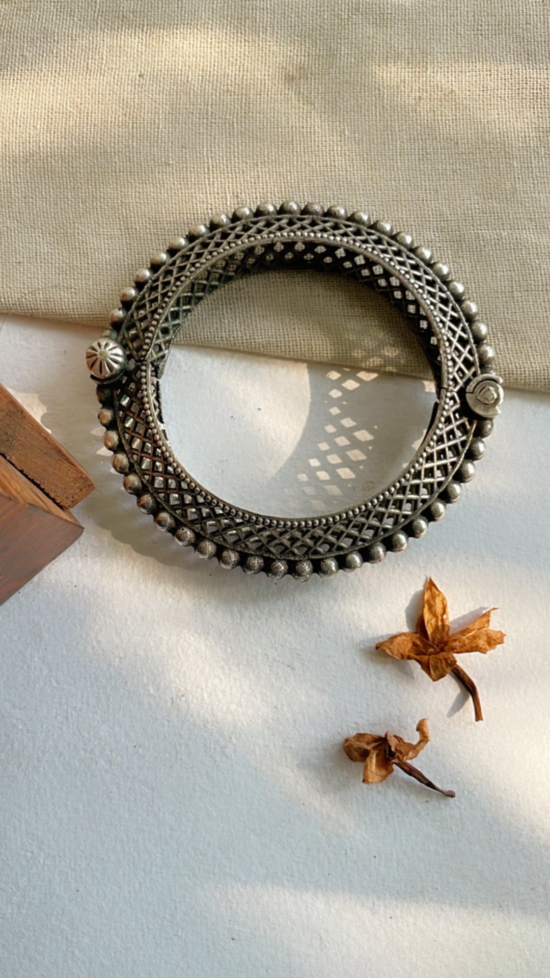 Raksha Bangle in Brass with Antique Silver Polish and Adjustable Screw- Single Piece | SHOBITAM