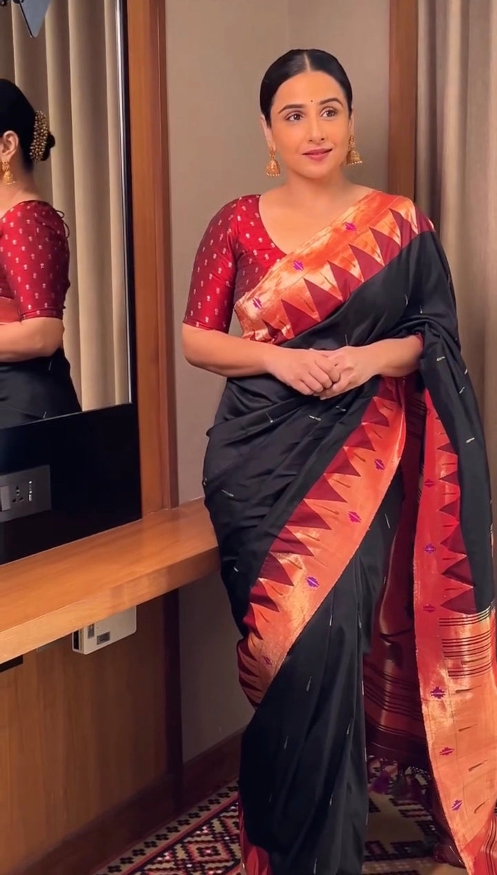 Pre-Order Authentic Black Yeola Paithani Handloom Silk Saree with Zari Butta and Single Muniya Borders and Peacock motif on Pallu | SILK MARK CERTIFIED