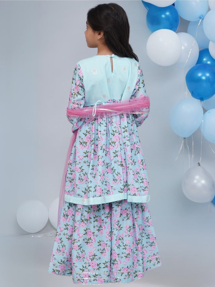 Girls Blue Muslin Floral Butterfly Kurta Sharara Set with Dupatta | SHOBITAM