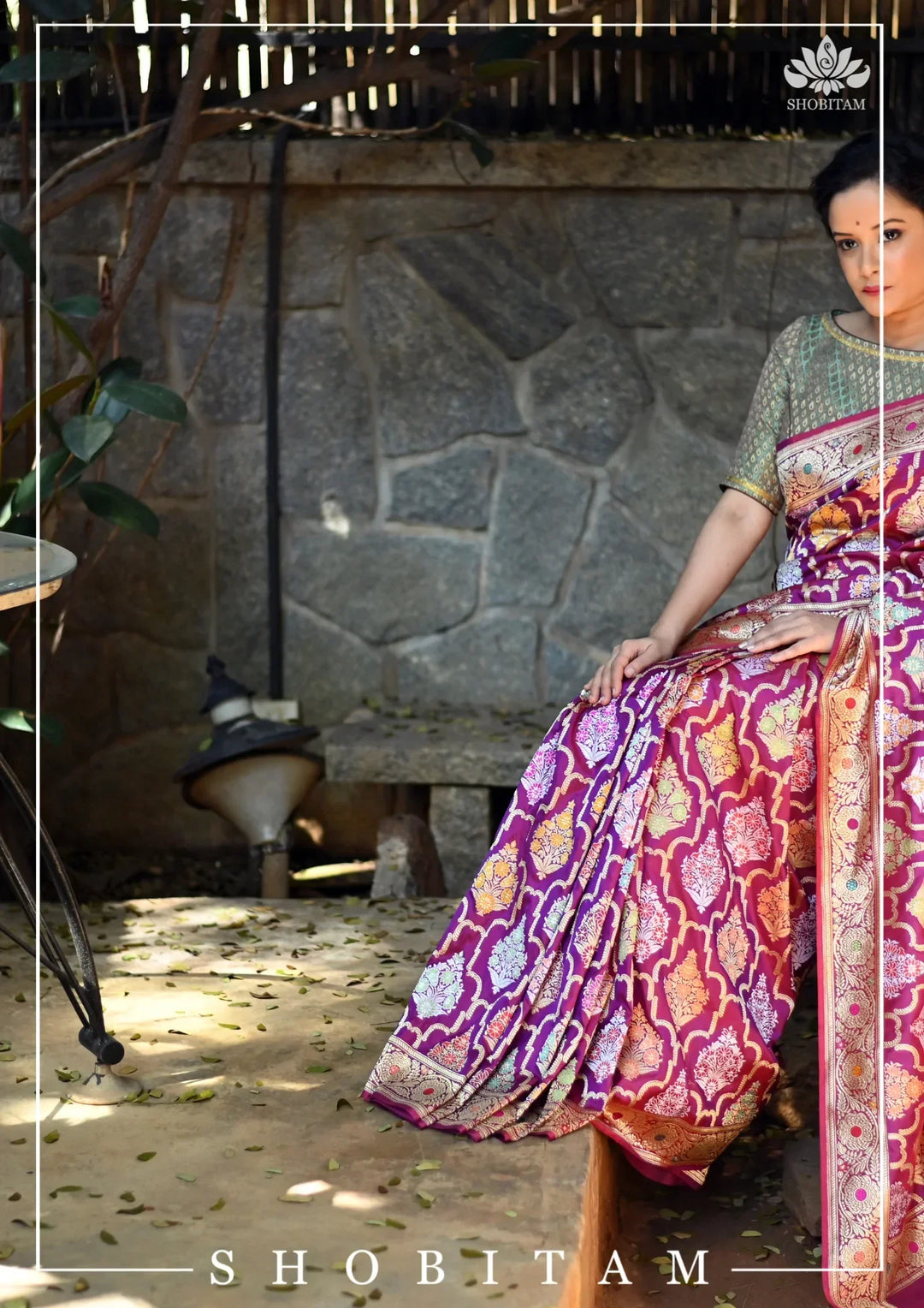 Authentic Kadhuwa Jungla Multi-color Meenakari Jaal Banarasi Silk Saree in Plum with Grand Pallu and Zari  | SILK MARK CERTIFIED