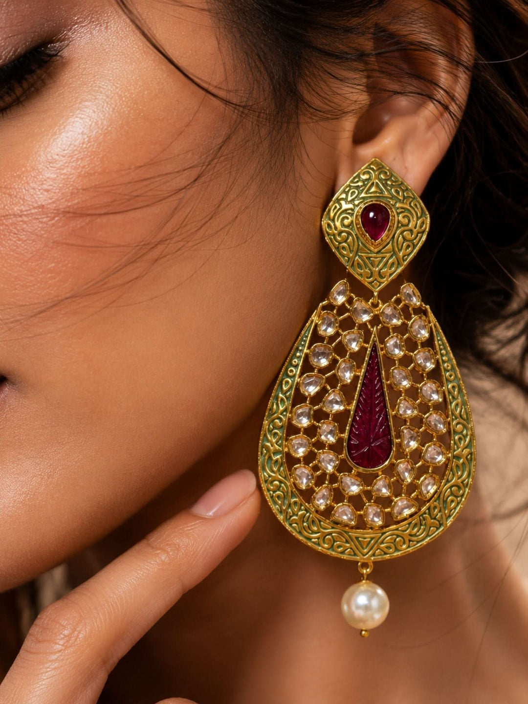 Ruby Green Kundan Statement Earrings – Pearl Drop Ethnic Earrings | SHOBITAM