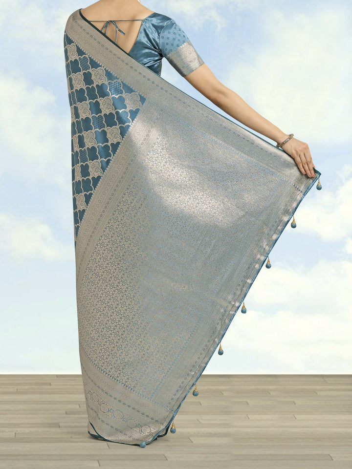 Cyan blue Banarasi Satin Silk Saree | SHOBITAM