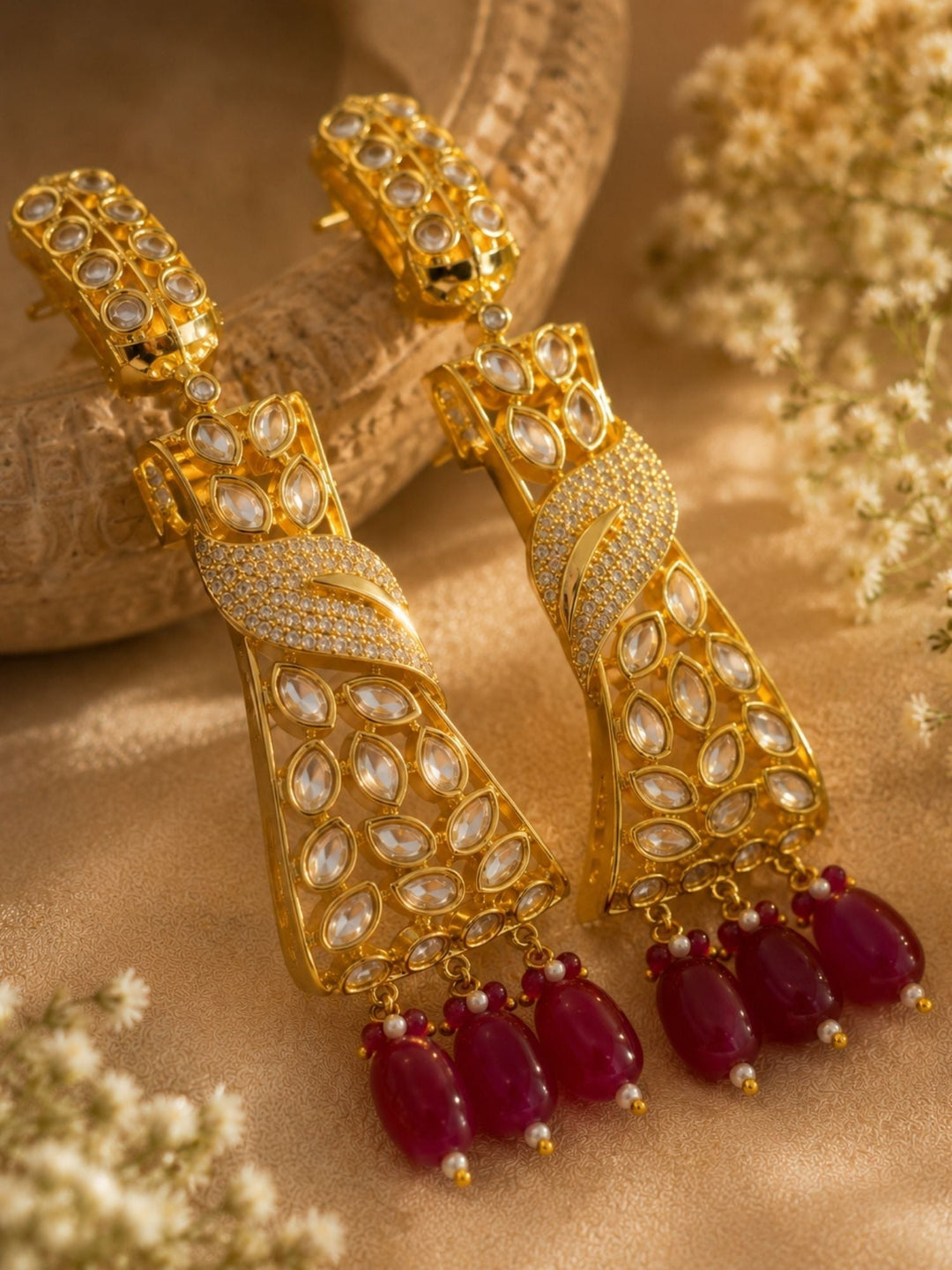 Ruby Kundan Drop Earrings in Gold Finish – Party Wear | SHOBITAM