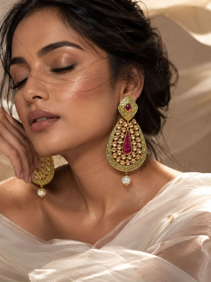 Ruby Green Kundan Statement Earrings – Pearl Drop Ethnic Earrings | SHOBITAM
