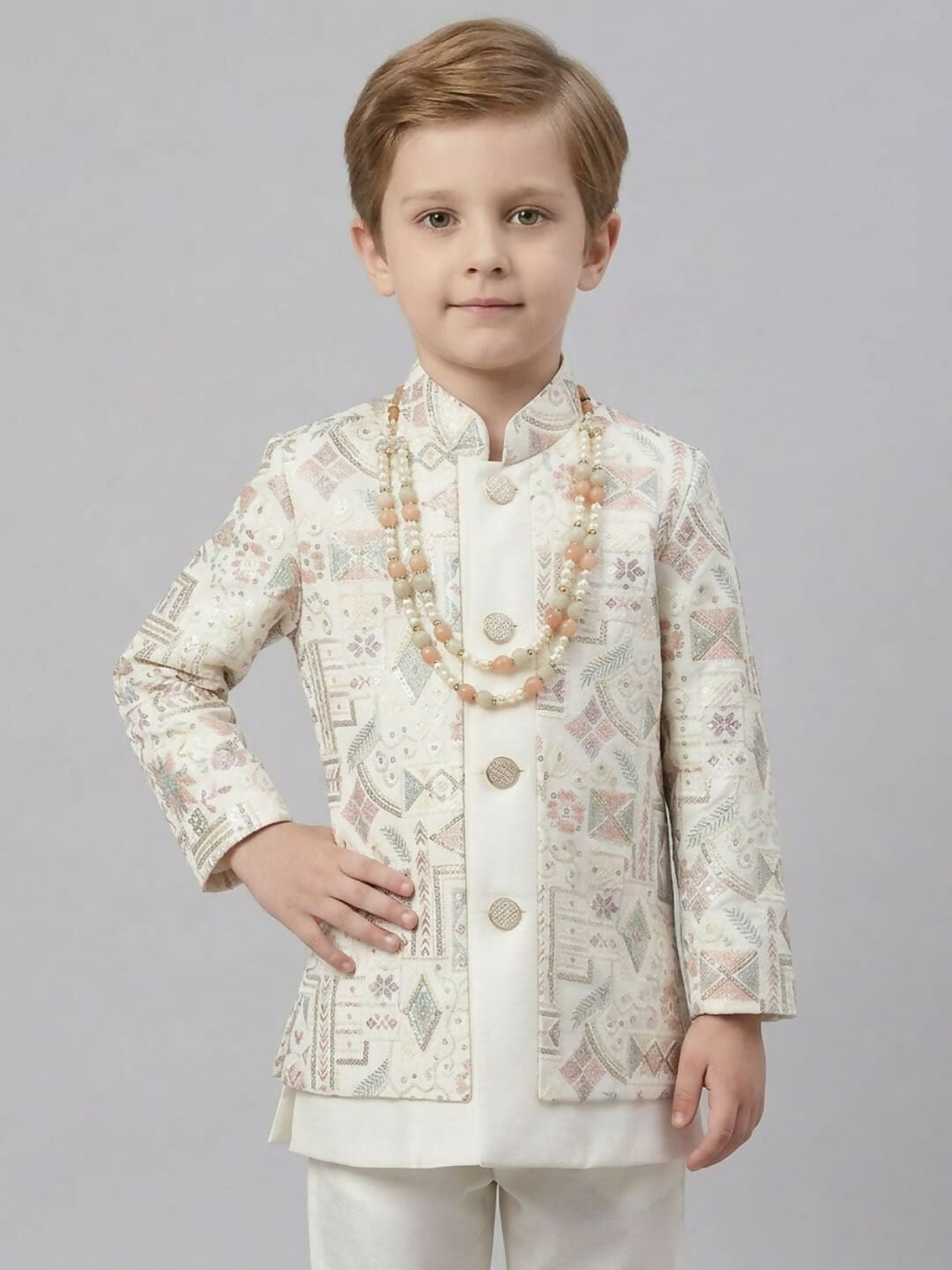 Boys White Kurta Pajama Set with Printed Ethnic Jacket | SHOBITAM