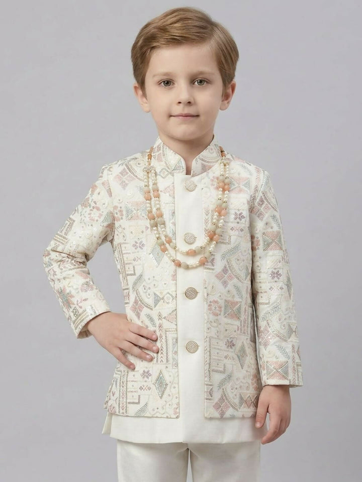 Boys White Kurta Pajama Set with Printed Ethnic Jacket | SHOBITAM