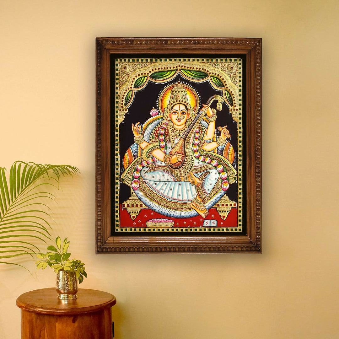 18*24 Authentic TANJORE PAINTING SARASWATHI With 22 Ct gold Foil and Jaipur Gemstones,Unframed | SHOBITAM