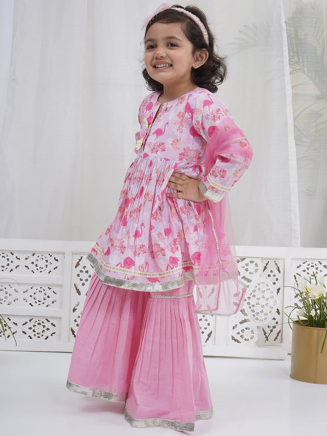 Girls Pink Muslin Flamingo Kurta Sharara Set with Dupatta and Cotton Lining | SHOBITAM