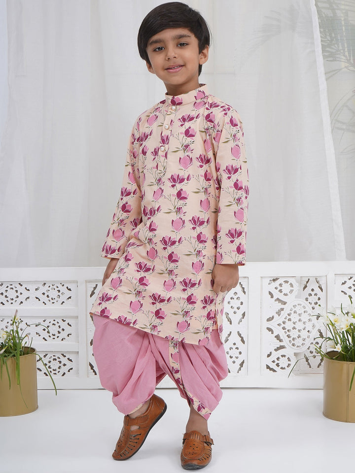 Boys Peach Cotton Lotus Dhoti Kurta Set | SHOBITAM
