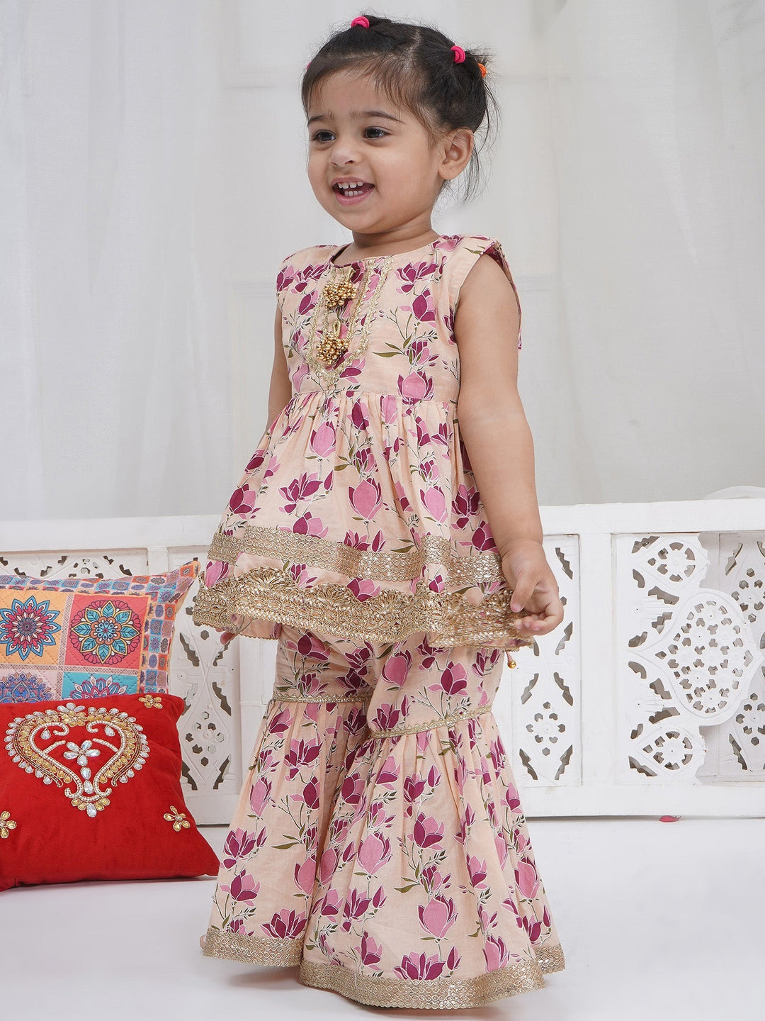 Girls Peach Cotton Lotus Lacework Kurta Sharara Set with Dupatta | SHOBITAM