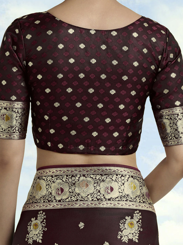 Dark Maroon Zari Woven Banarasi Satin Silk Saree | SHOBITAM