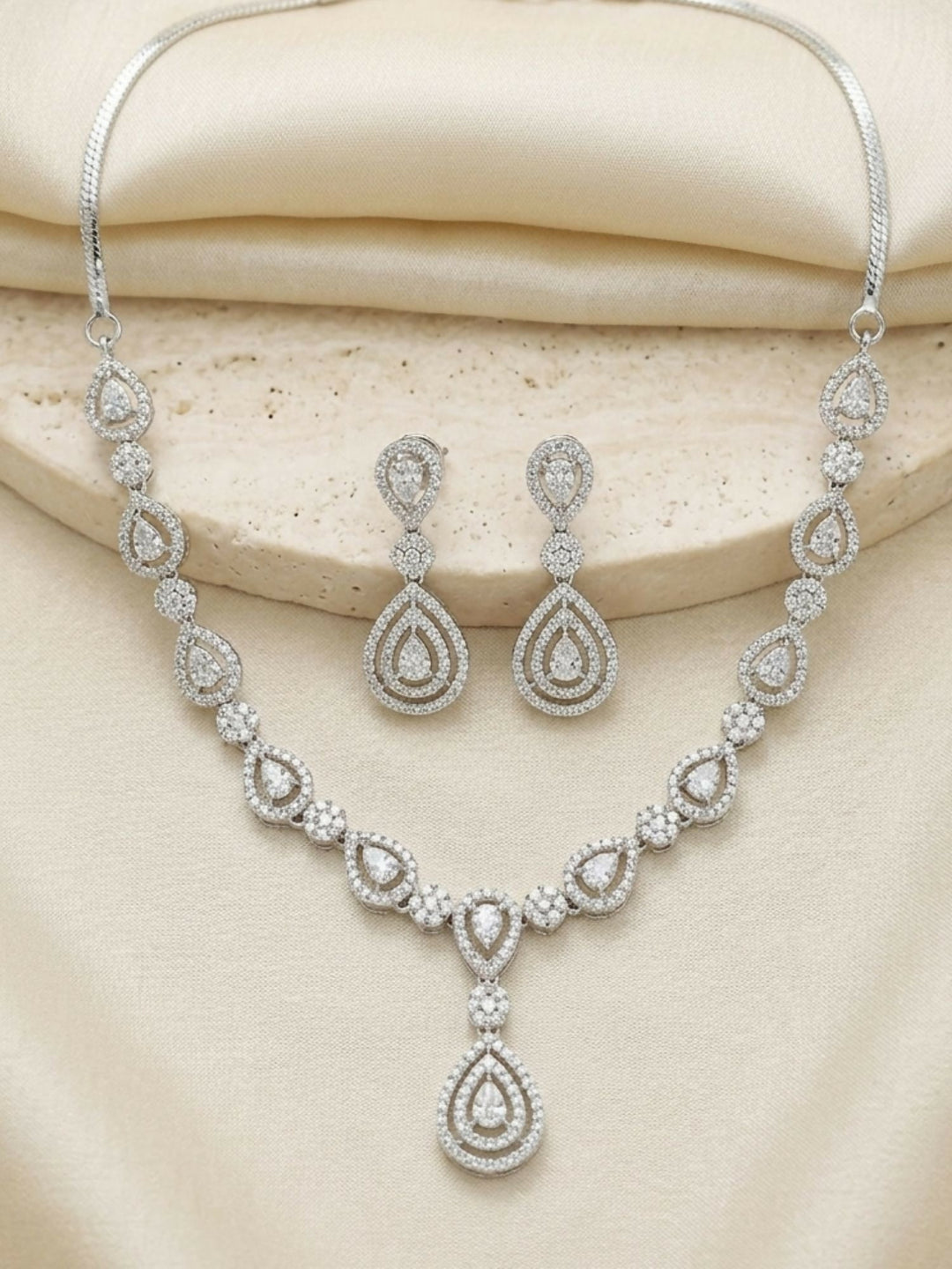 Classic Silver Plated American Diamond Necklace Set | SHOBITAM