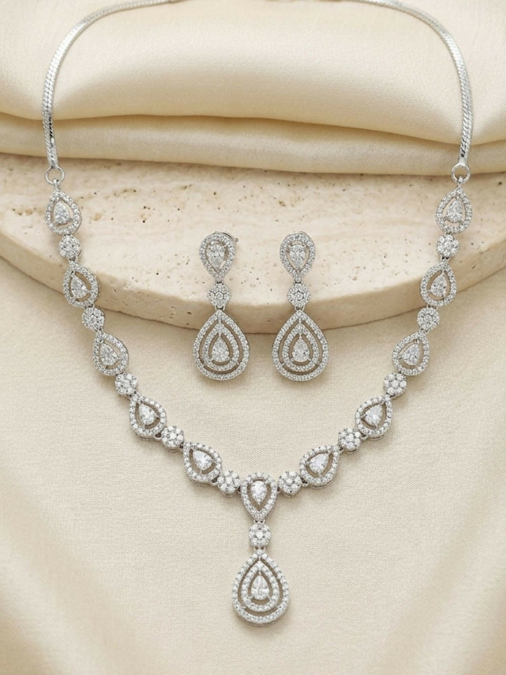 Classic Silver Plated American Diamond Necklace Set | SHOBITAM