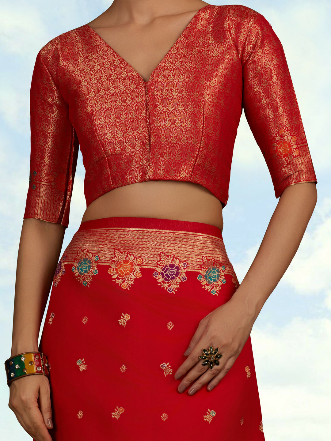 Red Semi Banarasi Silk Blend Saree With Zari Woven Work | SHOBITAM
