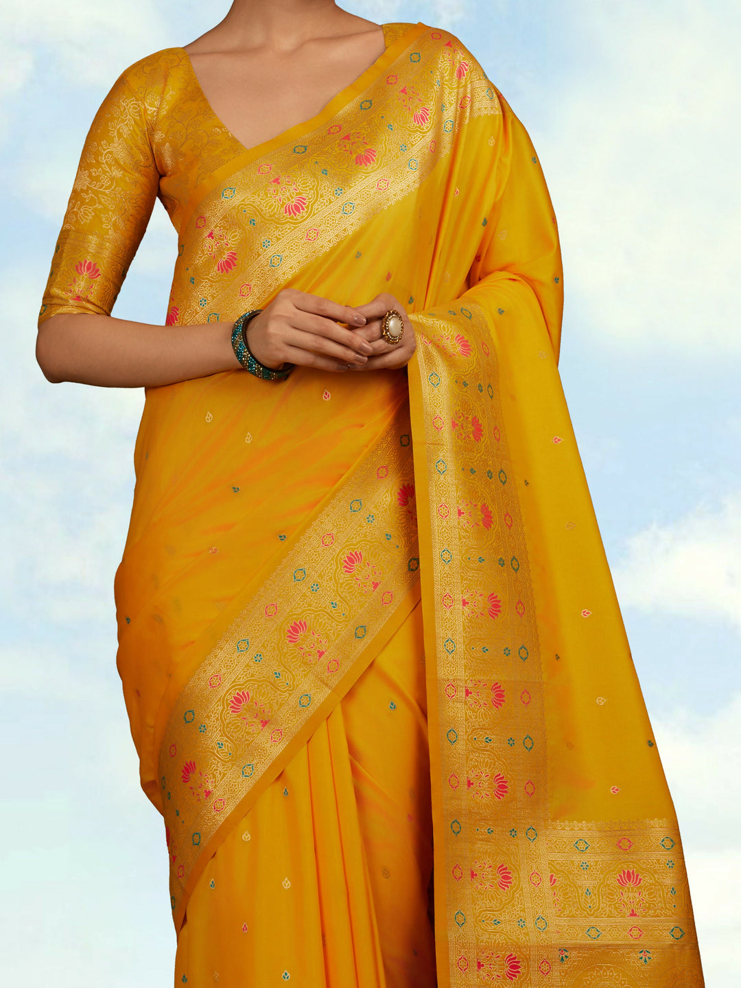 Yellow Banarasi Silk Blend Saree Comes with Unstitched blouse piece | SHOBITAM