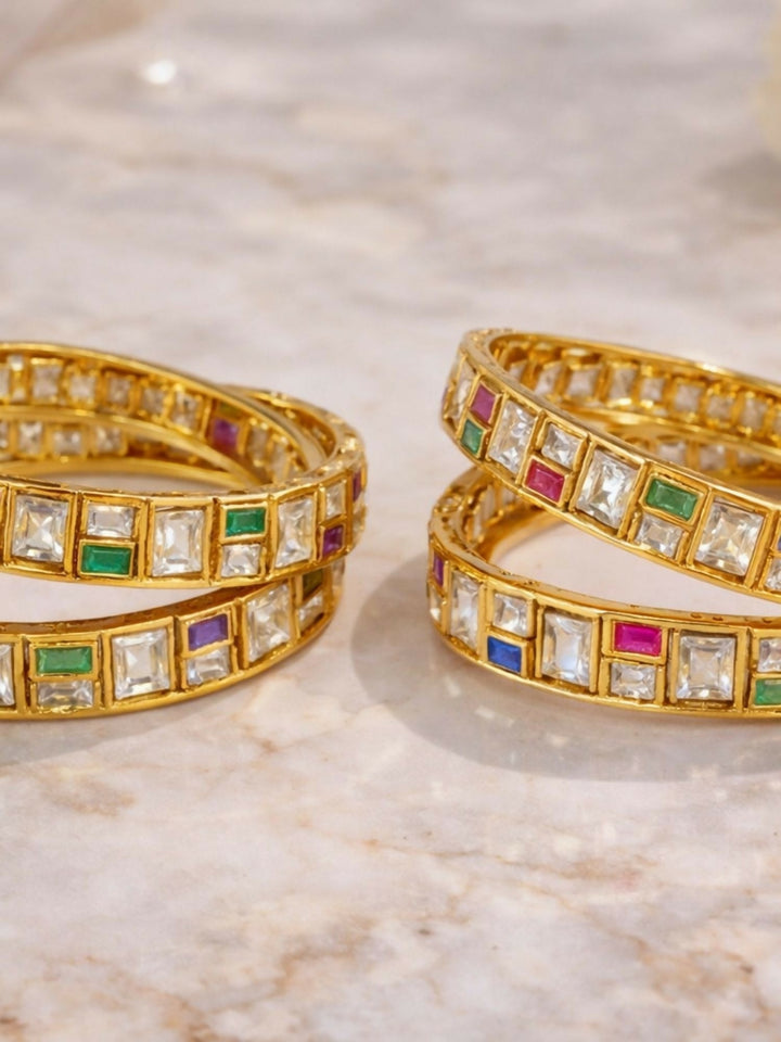 Traditional Gold Plated Silm Square Polki Bangles | SHOBITAM