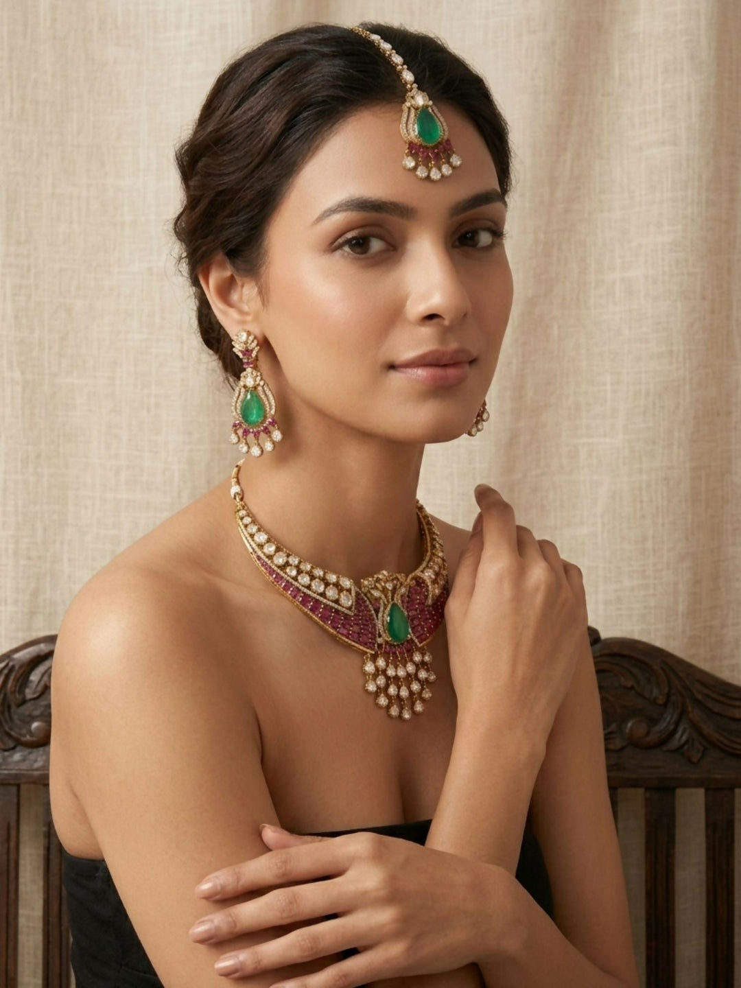Elegant Kundan & Emerald Teardrop Choker Set with Maang Tikka | shobitam