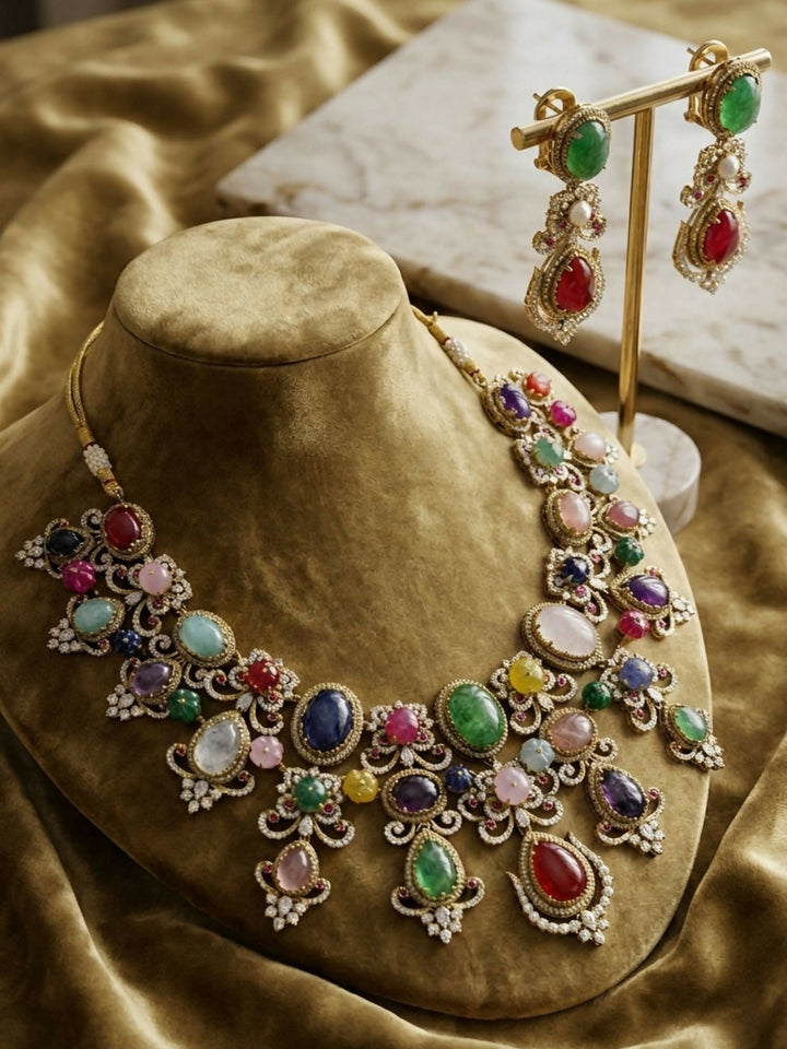 Multicolour Navratna Kundan Statement Necklace Set with Earrings | SHOBITAM