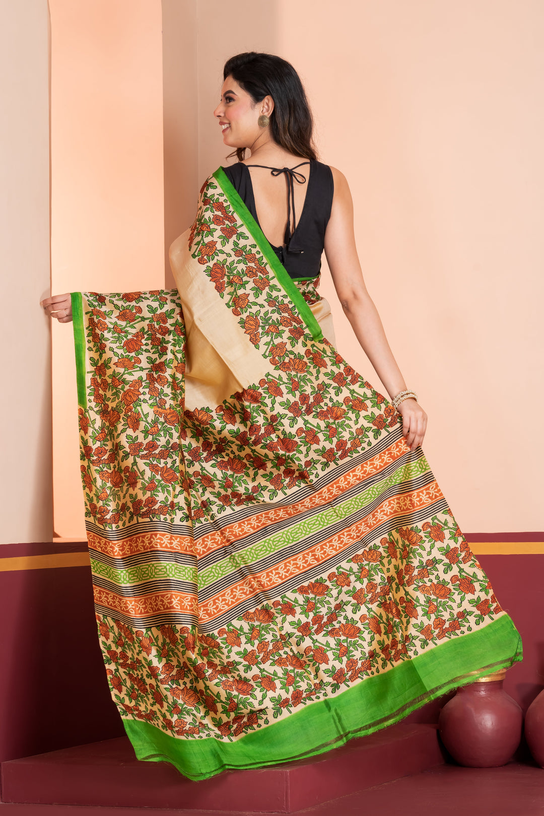 Kalamkari printed skirt border on pure silk.  | SILK MARK CERTIFIED | SHOBITAM