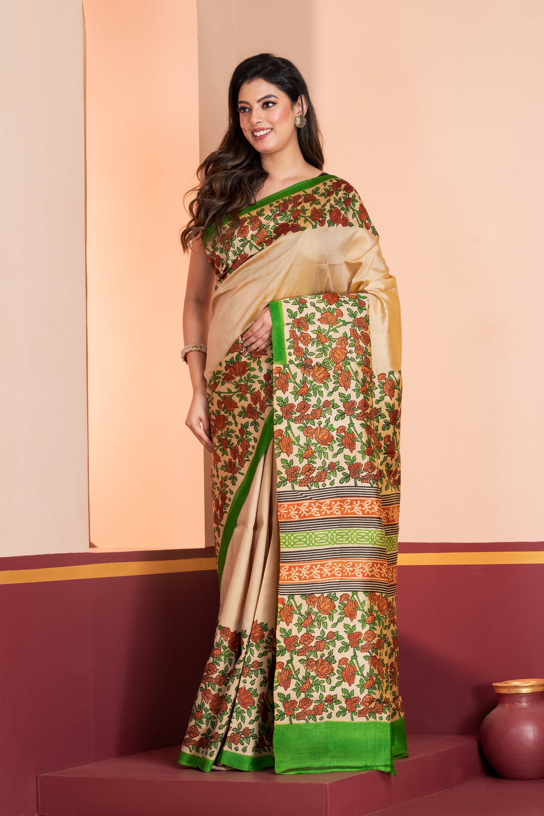 Kalamkari printed skirt border on pure silk.  | SILK MARK CERTIFIED | SHOBITAM