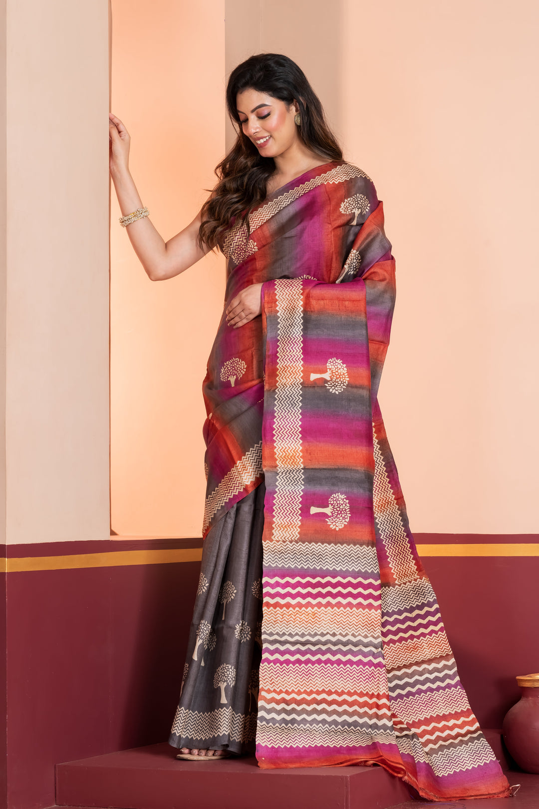 Half n half printed tussar saree | SILK MARK CERTIFIED | SHOBITAM