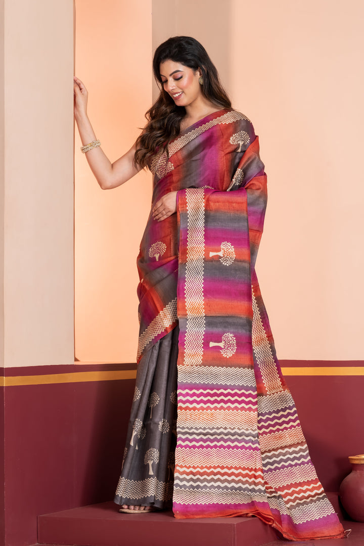 Half n half printed tussar saree | SILK MARK CERTIFIED | SHOBITAM