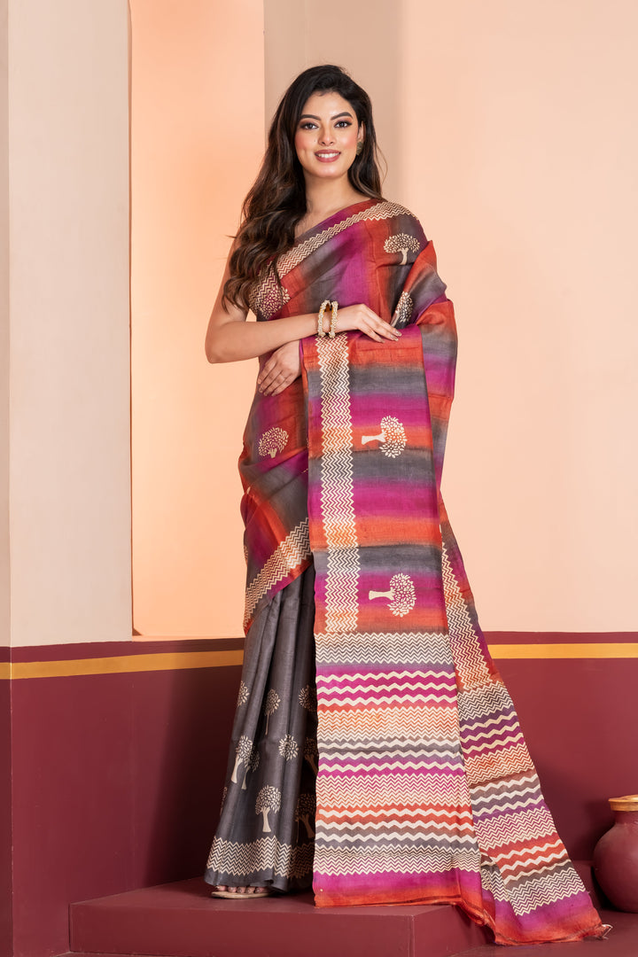 Half n half printed tussar saree | SILK MARK CERTIFIED | SHOBITAM