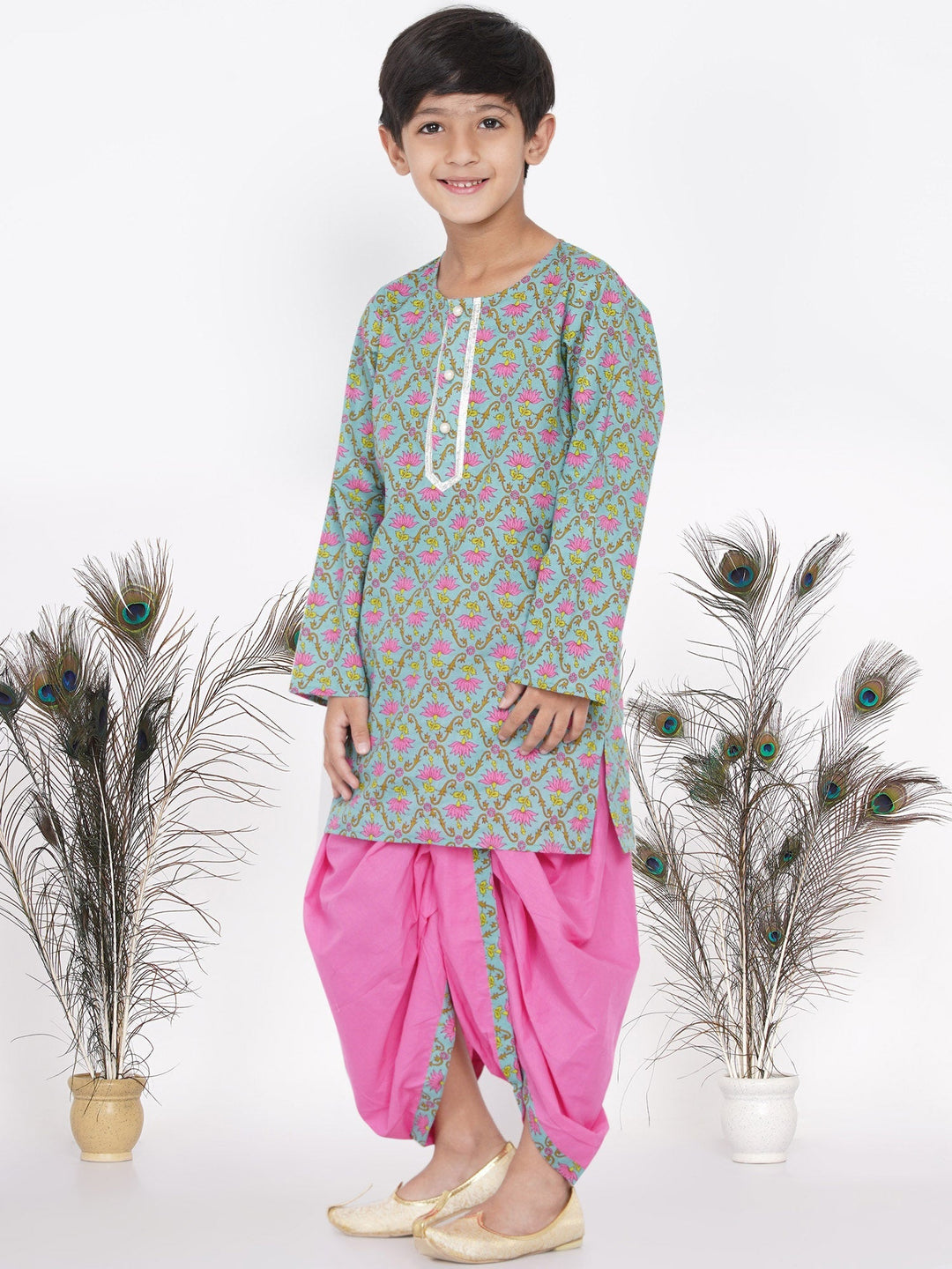 Boys Floral Kurta with Pearl Buttons and Dhoti in Blue and Pink  | SHOBITAM