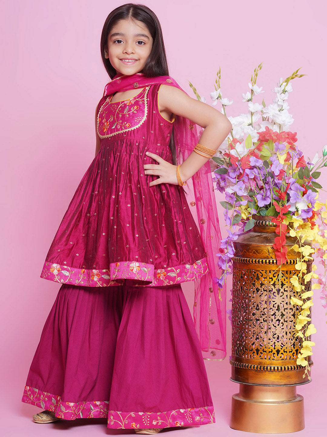 Chanderi Semi-Silk Sleeveless Floral & Zari Embrodiery Kurta Frock with Sharara and Dupatta - Hot Pink | SHOBITAM