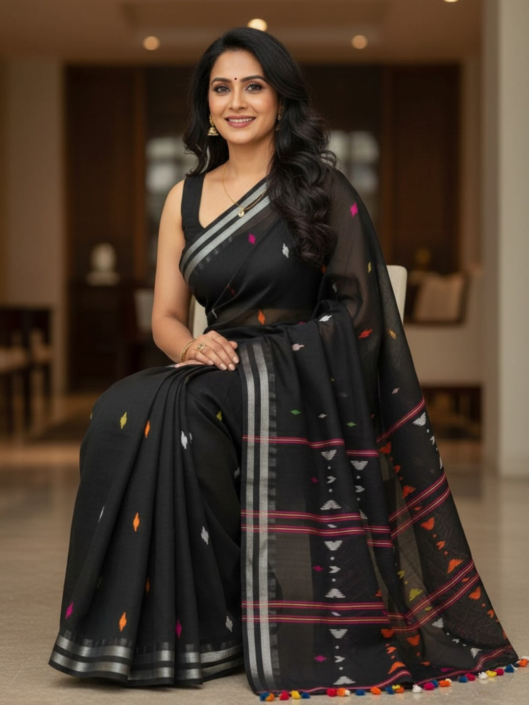 Black Handloom Jamdani Cotton Saree | SHOBITAM