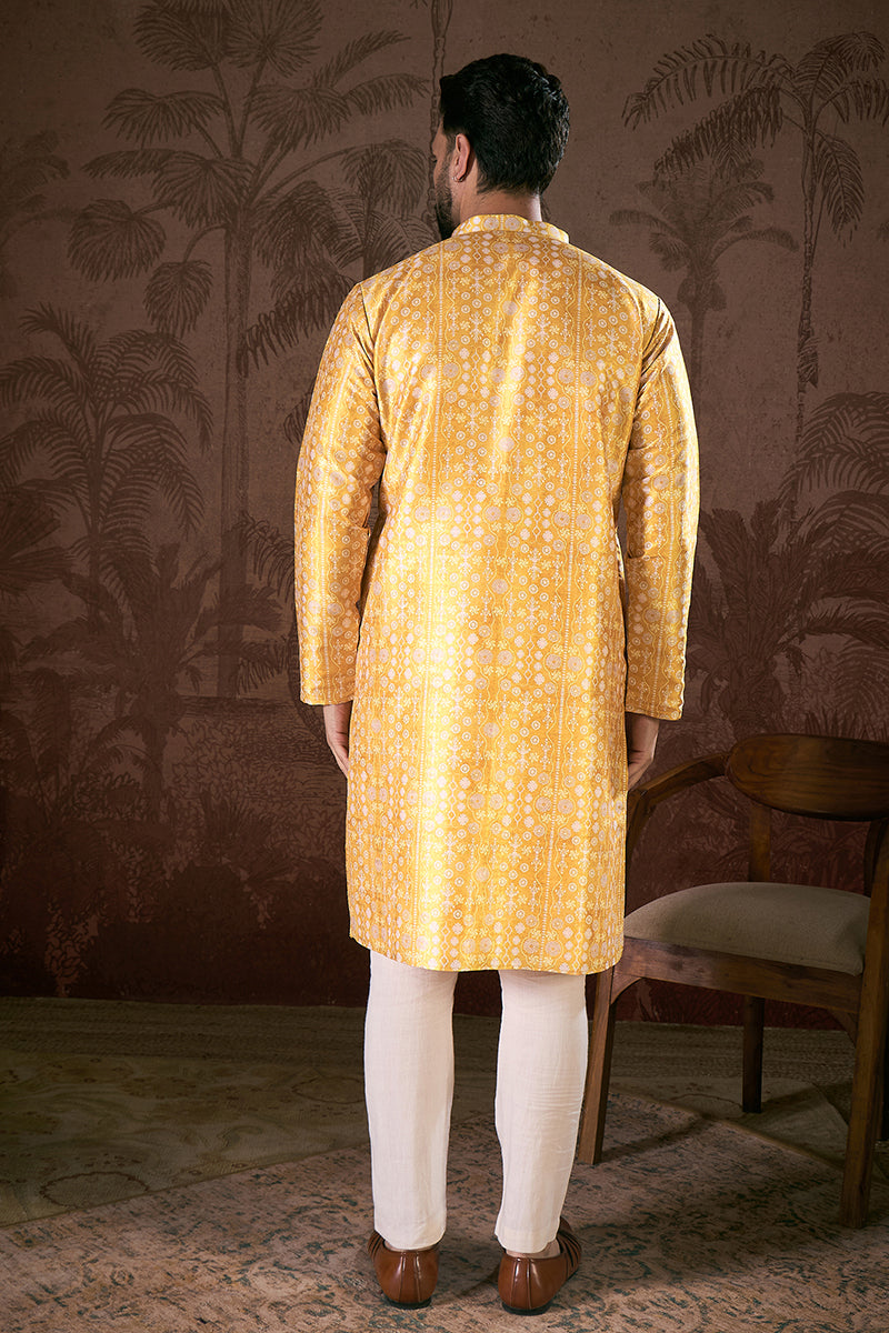 Yellow Silk Blend Floral Printed Straight Kurta For Men | SHOBITAM