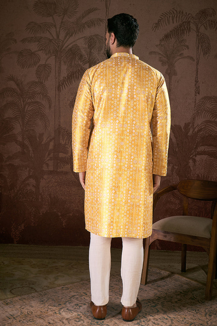 Yellow Silk Blend Floral Printed Straight Kurta For Men | SHOBITAM