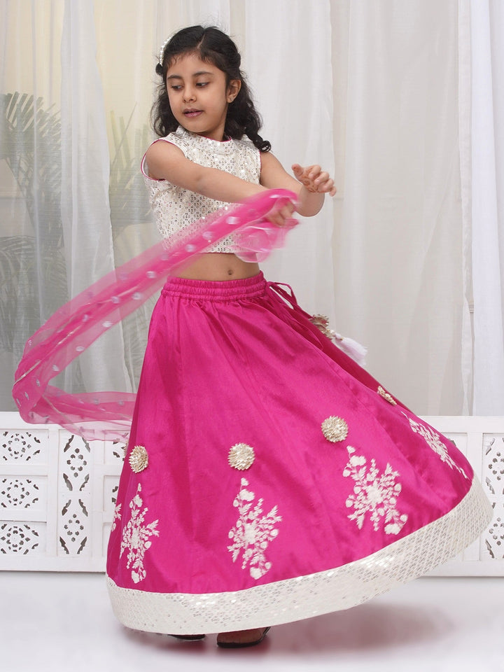 Girls Semi-Silk Brocade Kali Work Lehenga with Floral Thread Work & Sequin work Sleeveless Blouse with Dupatta - Hot Pink | SHOBITAM