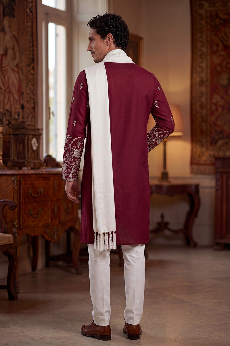 Men Maroon Silk Blend Solid Embroidered Straight Kurta Trouser with Dupatta | SHOBITAM