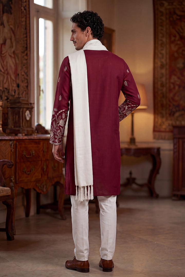 Men Maroon Silk Blend Solid Embroidered Straight Kurta Trouser with Dupatta | SHOBITAM