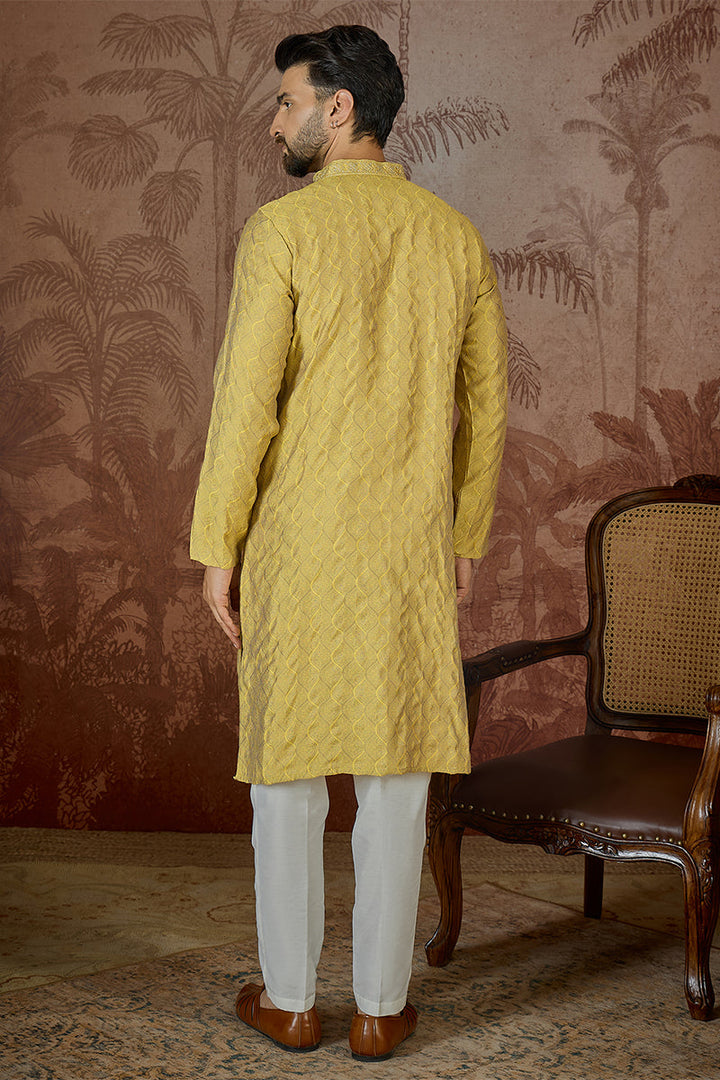 Mens Yellow Jacquard Solid Embroidered Kurta | SHOBITAM