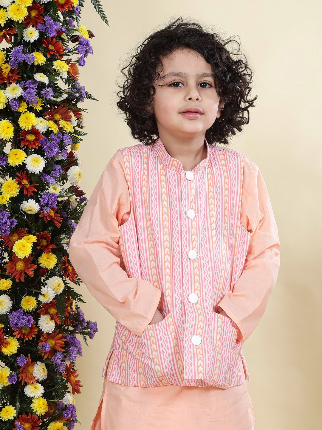 Peach Chevron Nehru Jacket with Cotton Kurta Dhoti Set | SHOBITAM