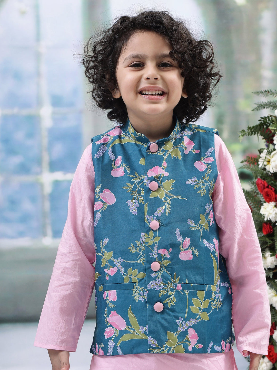 Turquoise Green Floral Nehru Jacket with Cotton Kurta Dhoti Set | SHOBITAM