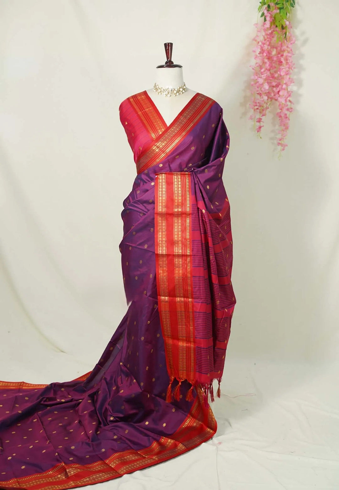 Jamuni Purple Semi Silk Gaadwal Saree with Rettapet Rudraksham Border  | SHOBITAM