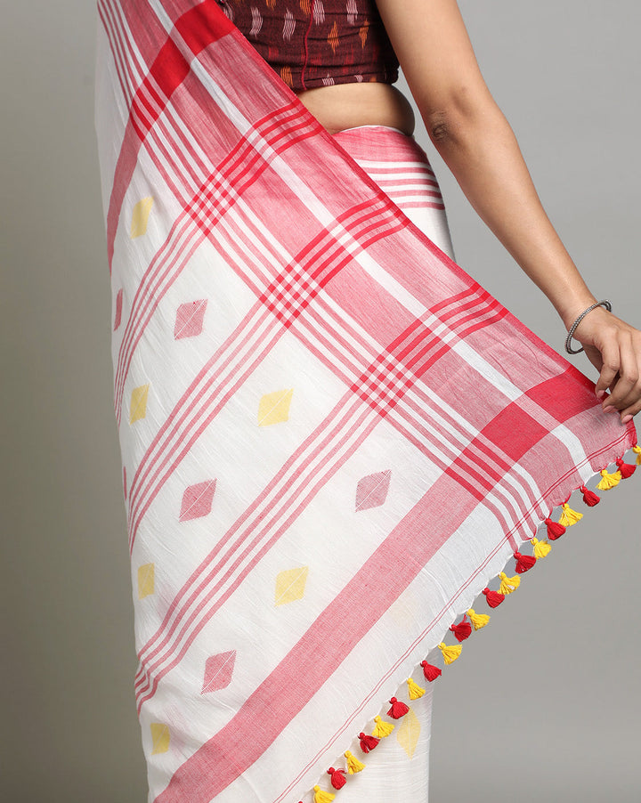 White Red Diamond Jamdani Cotton Saree | SHOBITAM