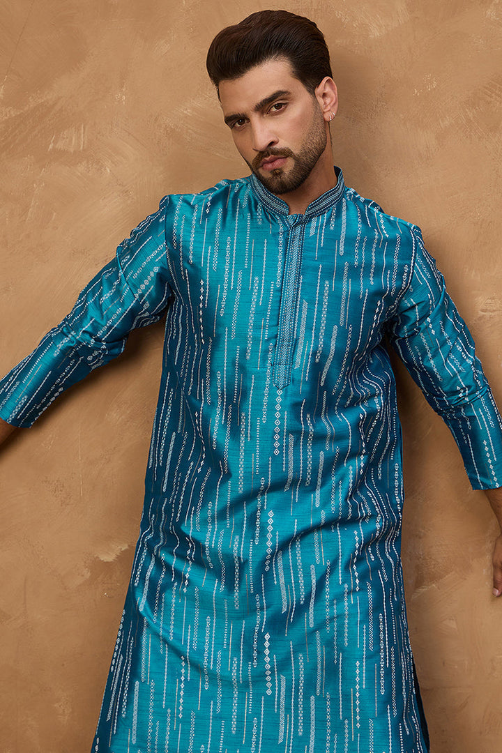 Blue Silk Blend Geometric Printed Straight Kurta | SHOBITAM