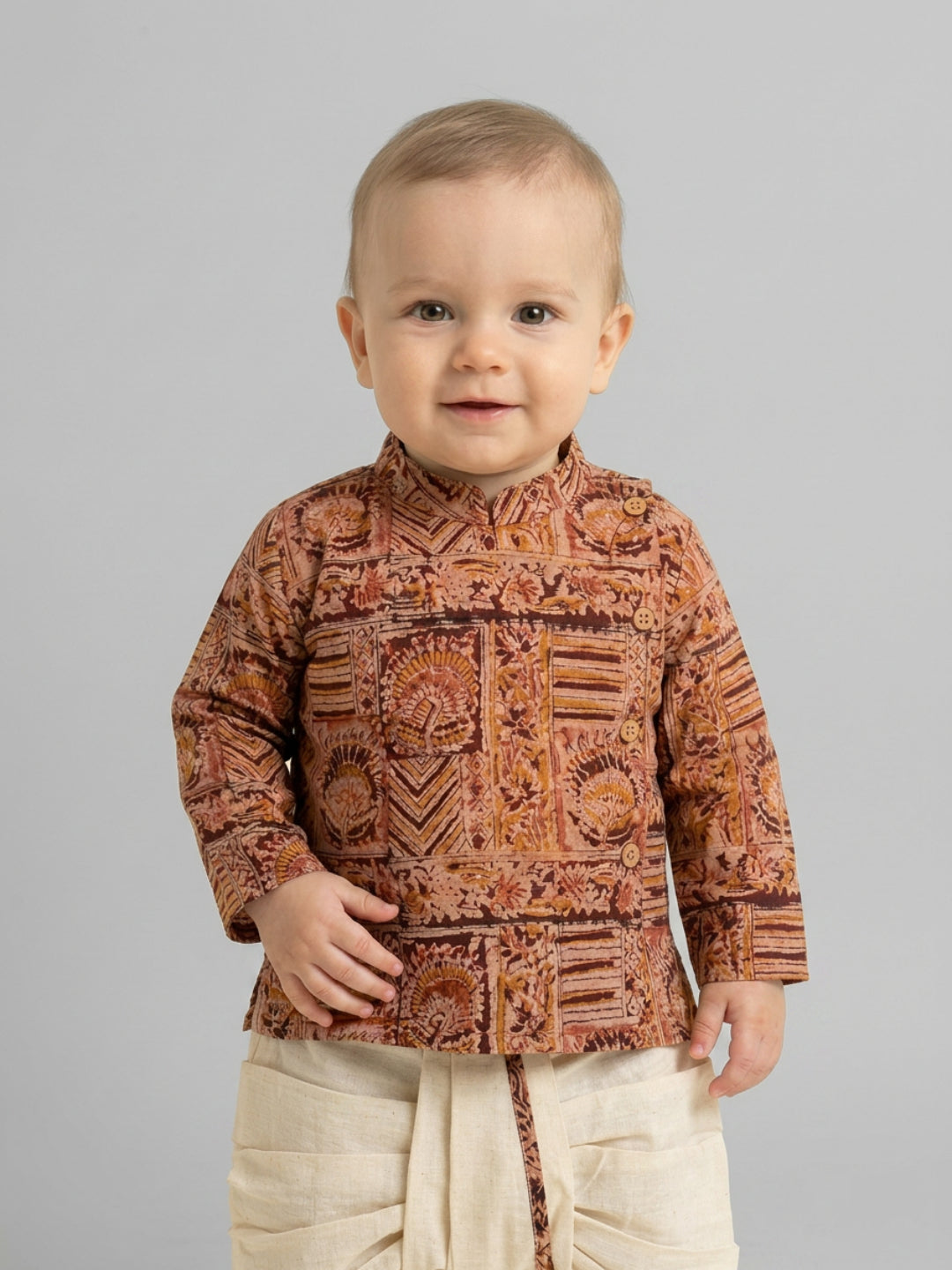 Boys Rust Brown Ethnic Printed Cotton Angrakha Style Dhoti Set | SHOBITAM