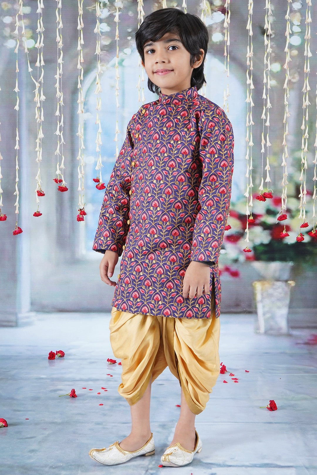 Boys Bageecha Floral Thread work Angrakha Sherwani with Beige Silk Dhoti  | SHOBITAM