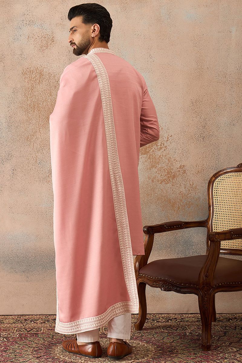 Mens Peach Silk Blend Solid Embroidered Kurta Trouser With Dupatta | SHOBITAM
