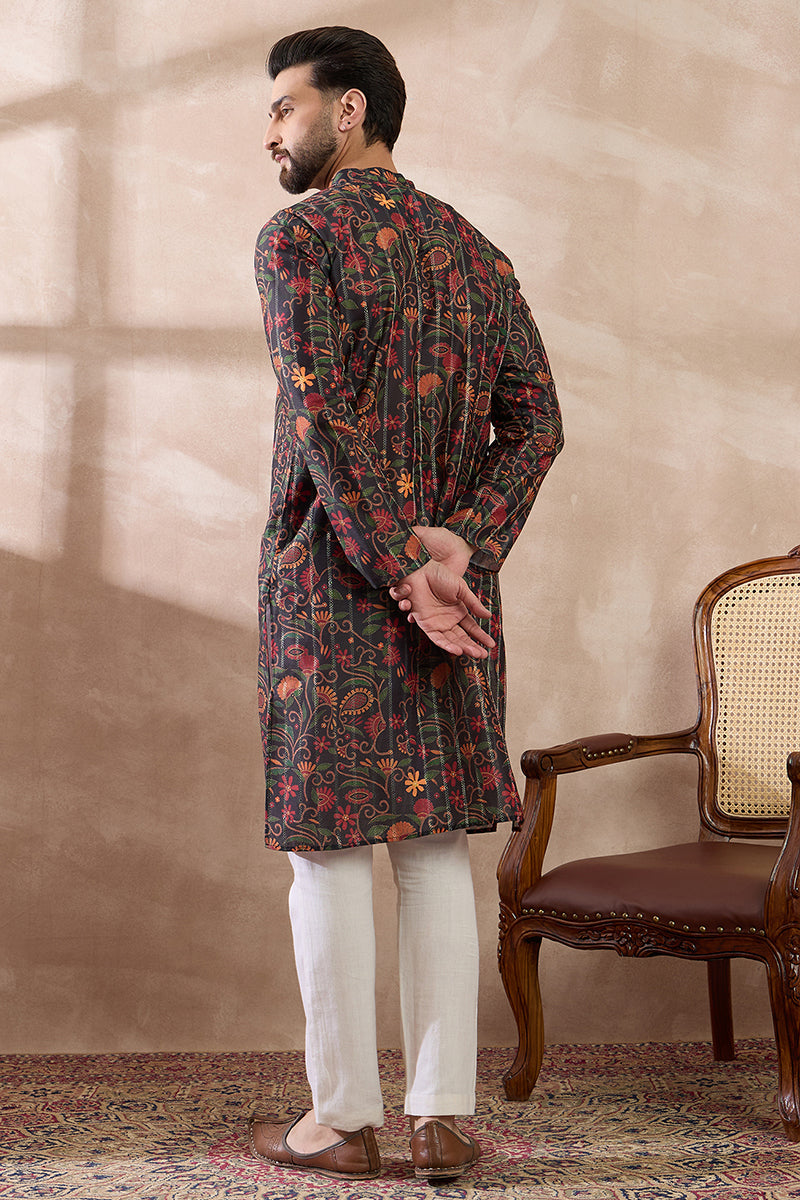 Black Silk Blend Embroidered Mandarin Collar Straight Kurta | SHOBITAM