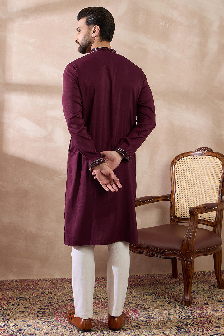 Purple Silk Blend Embroidered Mandarin Collar Straight Kurta With Trouser | SHOBITAM